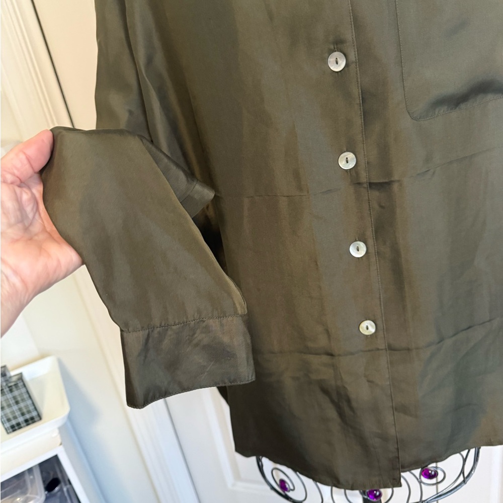 Casual Corner Olive 100% silk  Button-Front Shirt.
L - Picture 3 of 8